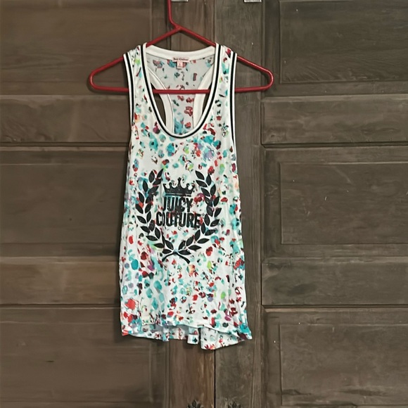 Juicy Couture Tops - Juicy Couture Watercolor Paint Splatter Tank Top Black Glitter Crown Sz Small
